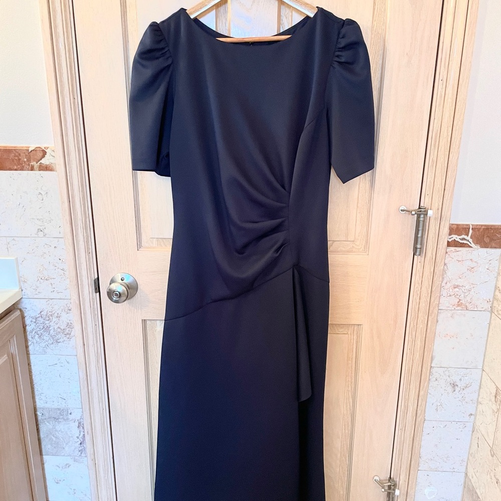 Xscape Dark Navy Blue Midi Dress with Puff Sleeves -FITS LIKE A SIZE 12